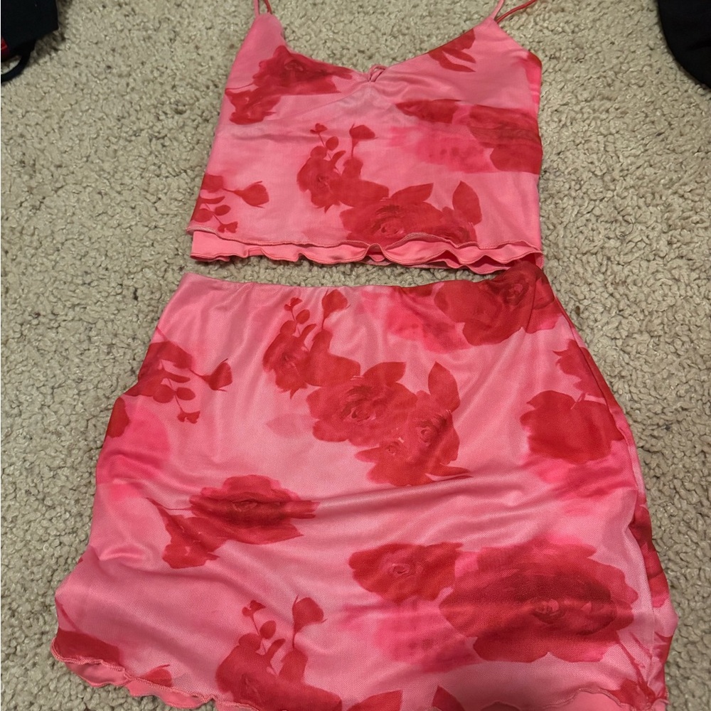 SHEIN Pink and Red Floral Skirt Set